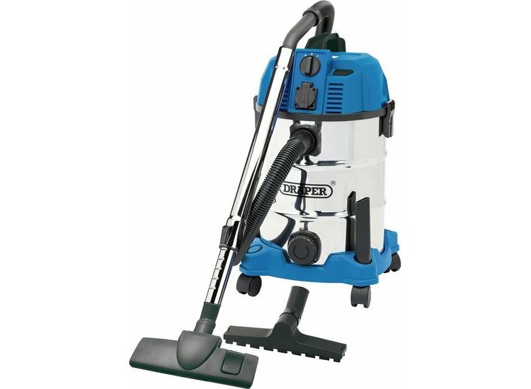 Draper 20529 30L Wet and Dry Vacuum Cleaner with Stainless Steel Tank and Integrated 230V Power Out-Take Socket (1600W)
