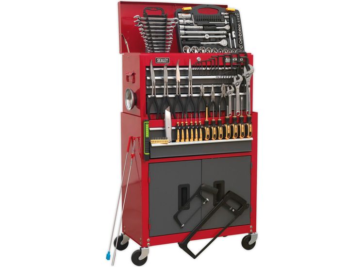 Sealey AP2200BBCOMBO Topchest &amp; Rollcab Combination 6 Drawer with Ball Bearing Slides - Red/Grey &amp; 128pc Tool Kit