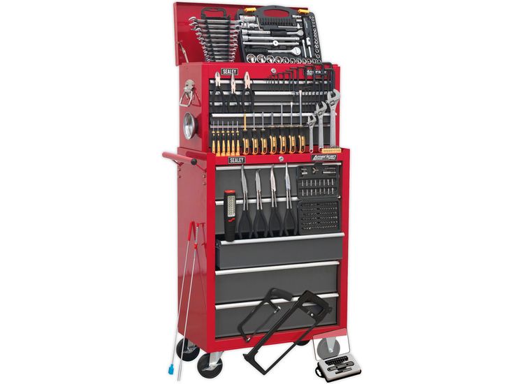 Sealey AP2250BBCOMBO Topchest &amp; Rollcab Combination 14 Drawer with Ball Bearing Slides - Red/Grey &amp; 239pc Tool Kit