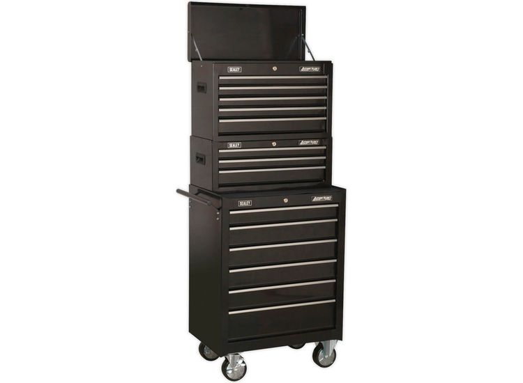 Sealey AP22BSTACK Topchest, Mid-Box &amp; Rollcab 14 Drawer Stack - Black