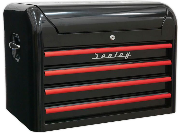 Sealey AP28104BR Topchest 4 Drawer Retro Style - Black with Red Anodised Drawer Pulls