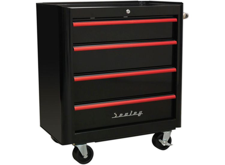 Sealey AP28204BR Rollcab 4 Drawer Retro Style- Black with Red Anodised Drawer Pulls