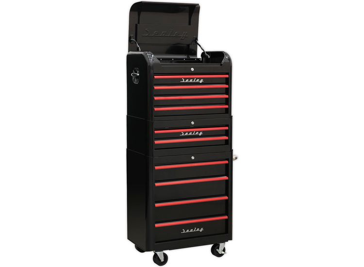 Sealey AP28COMBO2BR Retro Style Topchest, Mid-Box &amp; Rollcab Combination 10 Drawer - Black with Red Anodised Drawer Pulls