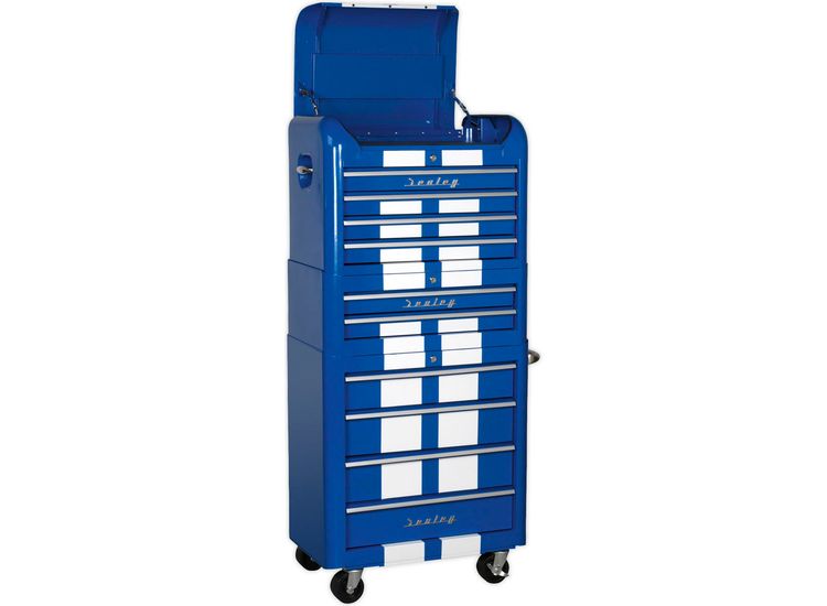 Sealey AP28COMBO2BWS Retro Style Topchest, Mid-Box &amp; Rollcab Combination 10 Drawer Blue/White Stripes