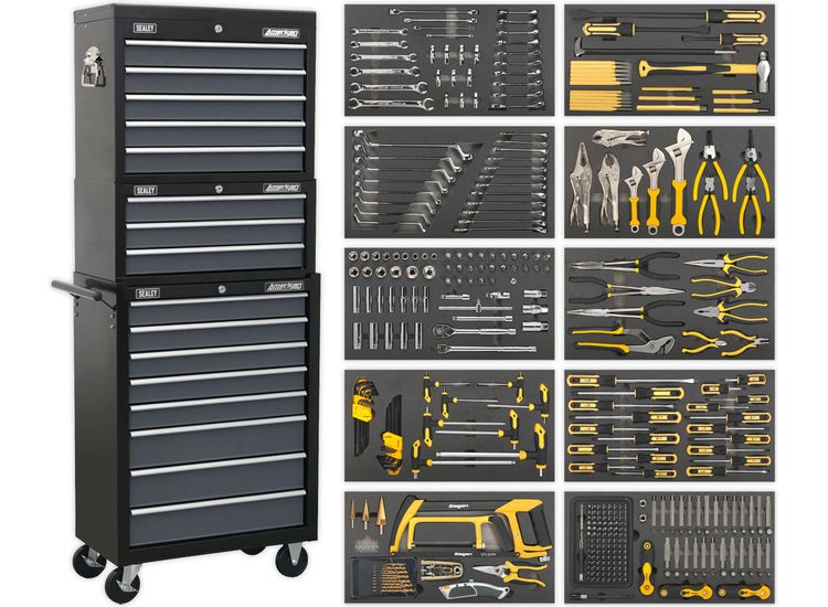 Sealey AP35TBCOMBO Tool Chest Combination 16 Drawer with Ball Bearing Slides - Black/Grey &amp; 420pc Tool Kit