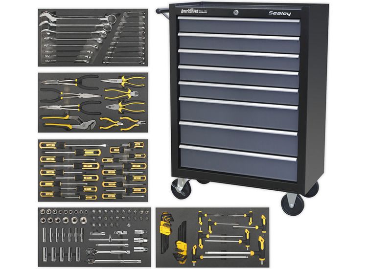 Sealey AP35TBCOMBO3 8 Drawer Rollcab Ball Bearing Slides - Black/Grey with 136pc Tool Kit