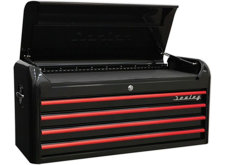 Sealey AP41104BR Topchest 4 Drawer Wide Retro Style - Black with Red Anodised Drawer Pulls