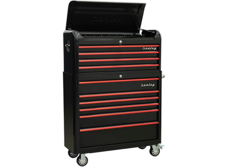 Sealey AP41COMBOBR Retro Style Extra Wide Topchest &amp; Rollcab Combination 10 Drawer - Black with Red Anodised Drawer Pul
