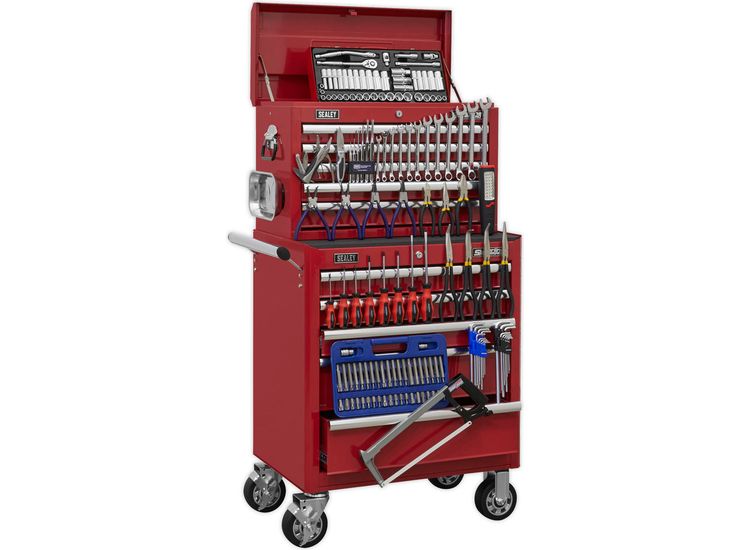 Sealey APCOMBOBBTK55 Topchest &amp; Rollcab Combination 10 Drawer with Ball Bearing Slides - Red &amp; 147pc Tool Kit