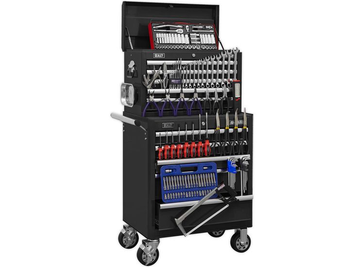 Sealey APCOMBOBBTK56 Topchest &amp; Rollcab Combination 10 Drawer with Ball Bearing Slides - Black with 147pc Tool Kit