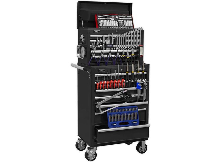 Sealey APCOMBOBBTK58 Topchest &amp; Rollcab Combination 15 Drawer with Ball Bearing Slides - Black &amp; 147pc Tool Kit