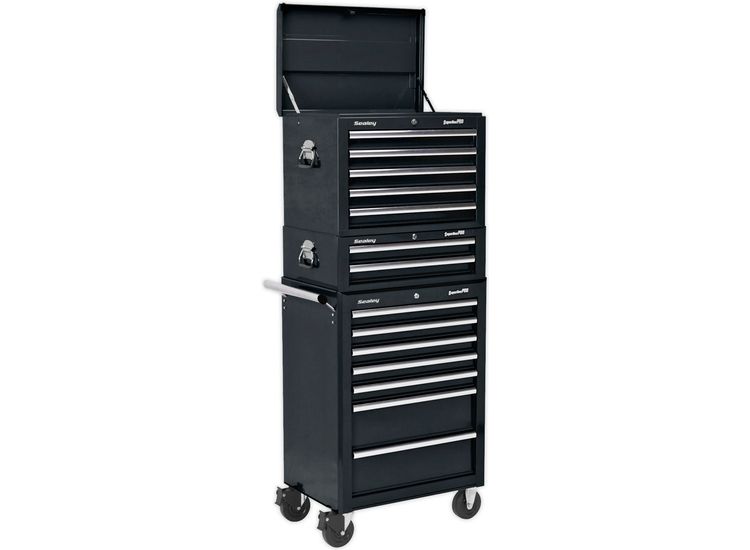 Sealey APSTACKTB Topchest, Mid-Box &amp; Rollcab Combination 14 Drawer with Ball Bearing Slides - Black