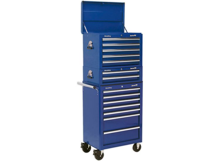 Sealey APSTACKTC Topchest, Mid-Box &amp; Rollcab Combination 14 Drawer with Ball Bearing Slides - Blue
