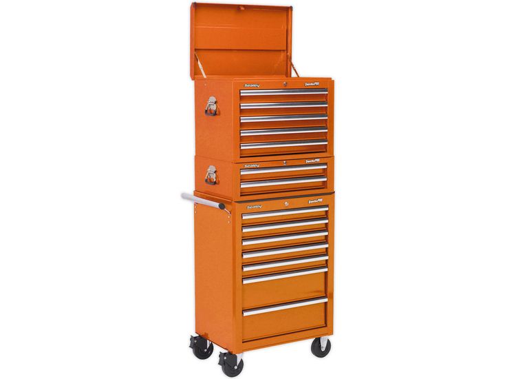 Sealey APSTACKTO Topchest, Mid-Box &amp; Rollcab Combination 14 Drawer with Ball Bearing Slides - Orange