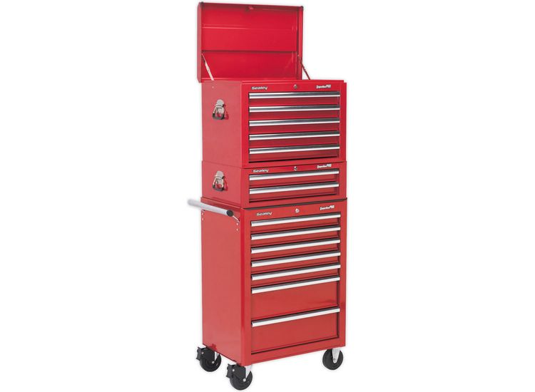 Sealey APSTACKTR Topchest, Mid-Box &amp; Rollcab Combination 14 Drawer with Ball Bearing Slides - Red