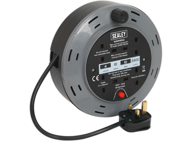 Sealey BCR10B Cassette Type Cable Reel 10m 4 x 230V 1.00mm² Thermal Trip