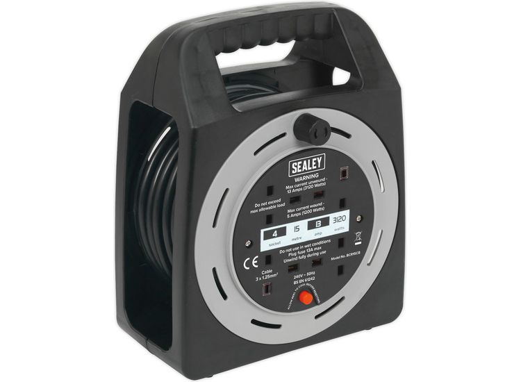 Sealey BCR15CB Cable Reel Box Type 15m 4 x 230V 1.25mm² Thermal Trip