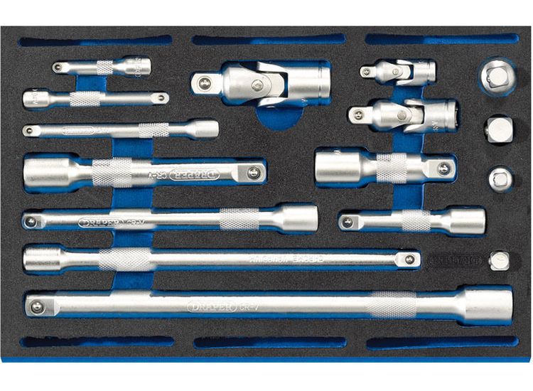 Draper 63530 Extension Bar, Universal Joints and Socket Convertor Set 1/4 Drawer EVA Insert Tray (16 Piece)