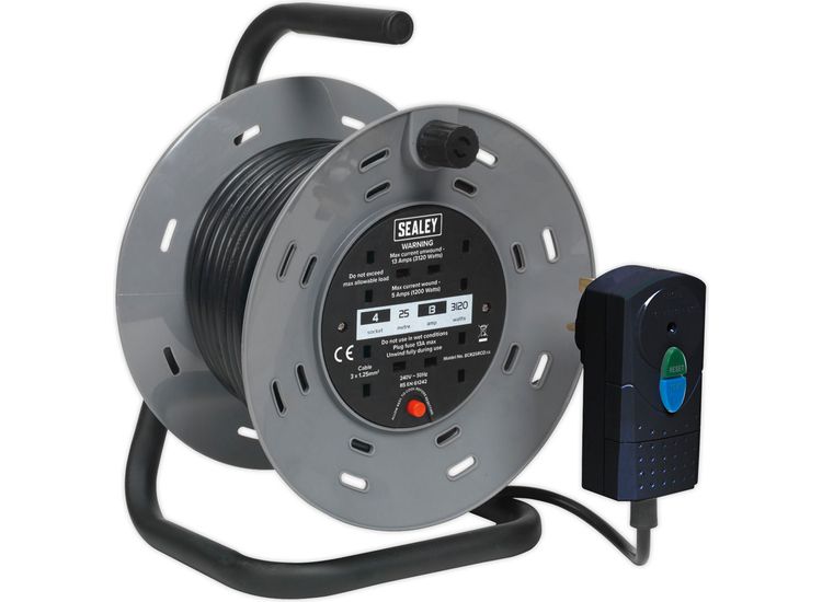 Sealey BCR25RCD Cable Reel 25m 4 x 230V 1.25mm² Thermal Trip with RCD Plug