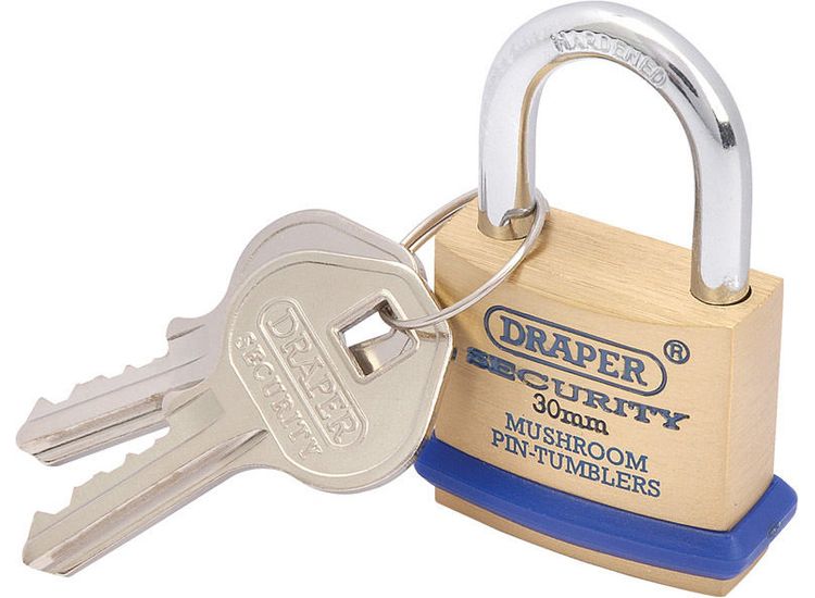 Draper 64160 30mm Solid Brass Padlock and 2 Keys with Mushroom Pin Tumblers Hardened Steel Shackle and Bumper