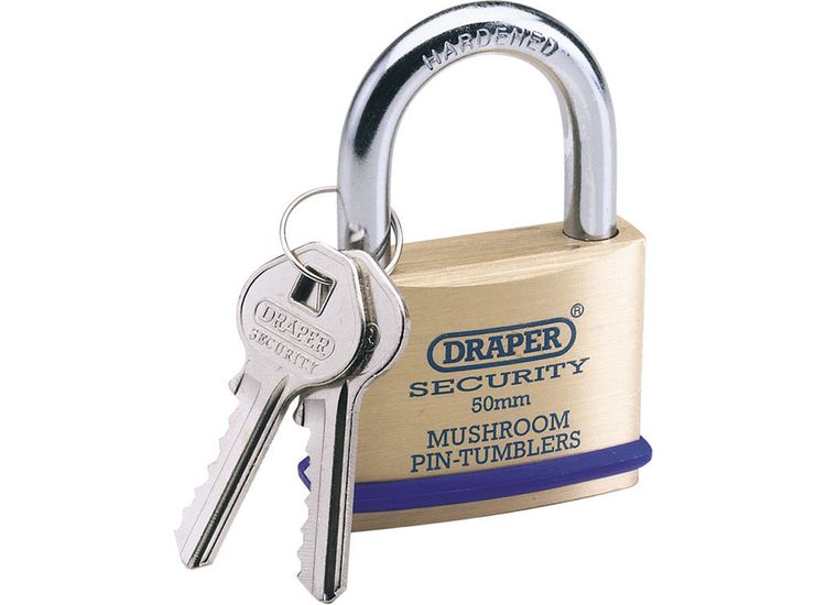 Draper 64162 50mm Solid Brass Padlock and 2 Keys with Mushroom Pin Tumblers Hardened Steel Shackle and Bumper