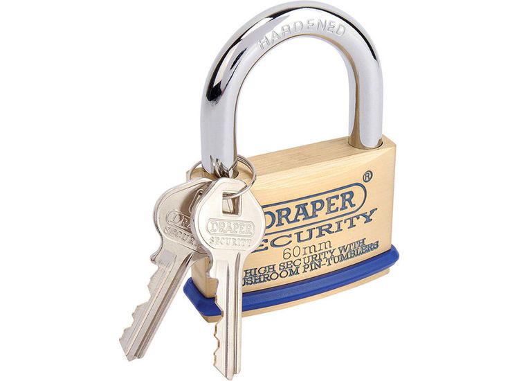 Draper 64163 60mm Solid Brass Padlock and 2 Keys with Mushroom Pin Tumblers Hardened Steel Shackle and Bumper