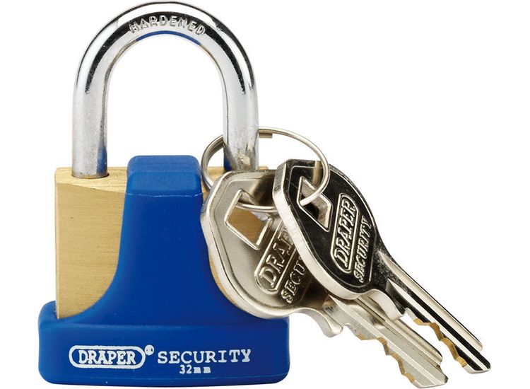 Draper 64164 32mm Solid Brass Padlock and 2 Keys with Hardened Steel Shackle and Bumper