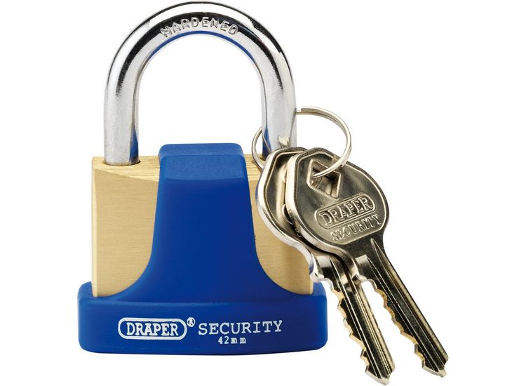 Draper 64165 42mm Solid Brass Padlock and 2 Keys with Hardened Steel Shackle and Bumper