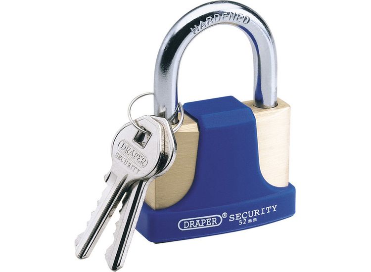 Draper 64166 52mm Solid Brass Padlock and 2 Keys with Hardened Steel Shackle and Bumper