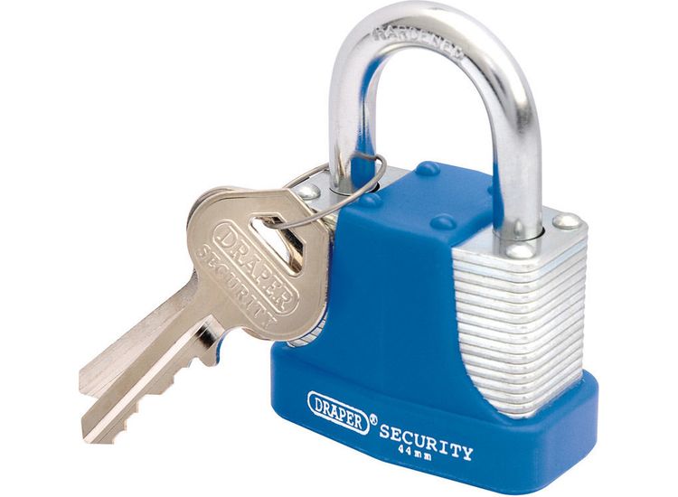 Draper 64181 44mm Laminated Steel Padlock and 2 Keys with Hardened Steel Shackle and Bumper