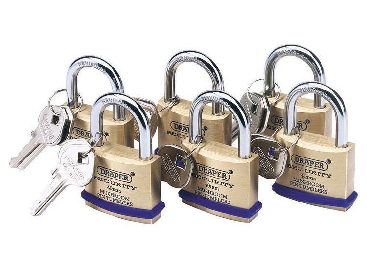 Draper 67659 Pack of 6 x 40mm Solid Brass Padlocks with Hardened Steel Shackle