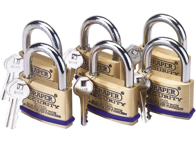 Draper 67663 Pack of 6 x 60mm Solid Brass Padlocks with Hardened Steel Shackle