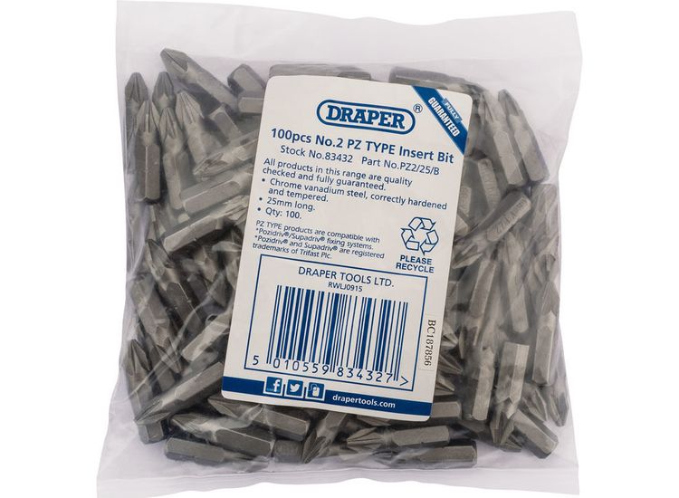 Draper 83432 No.2 PZ TYPE 1/4" Insert Bits (Bag of 100)