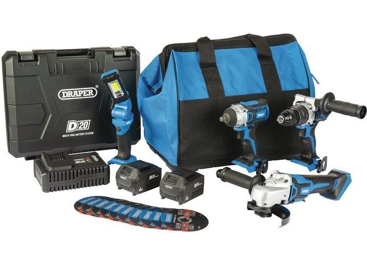 Draper 90470 D20 20V Workshop Kit (4 Piece) (+1 x 3Ah Batteries, 1 x 4Ah Battery, Charger and Bag)