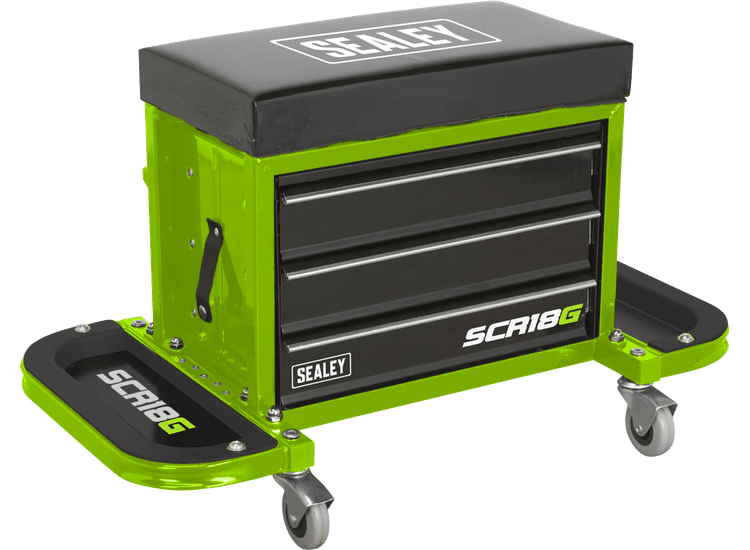 Sealey SCR18G Mechanic's Utility Seat &amp; Toolbox - Hi-Vis Green