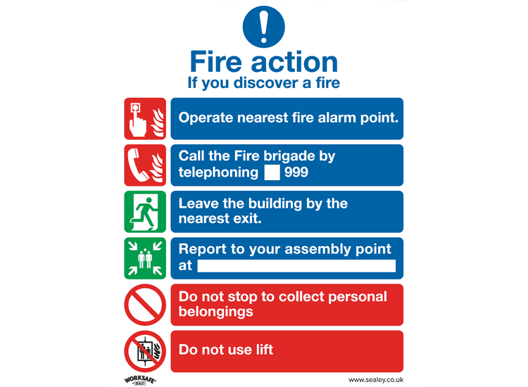 Sealey SS19V10 Safe Conditions Safety Sign - Fire Action With Lift - Self-Adhesive Vinyl - Pack of 10
