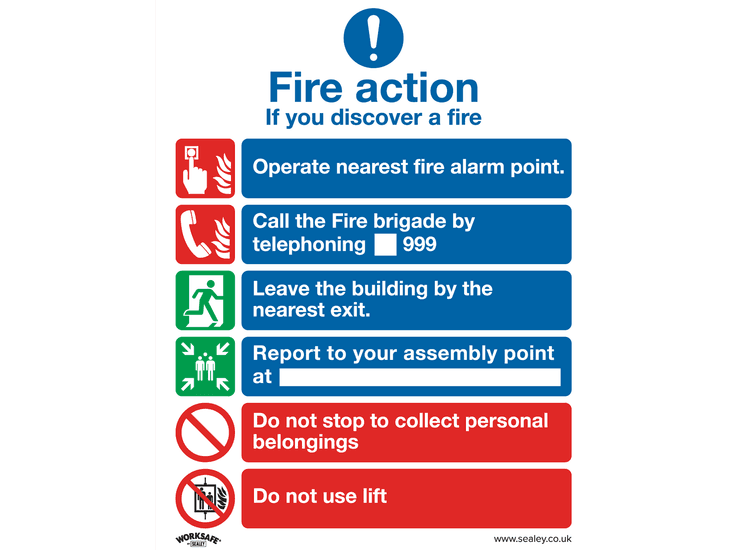 Sealey SS19P1 Safe Conditions Safety Sign - Fire Action With Lift - Rigid Plastic