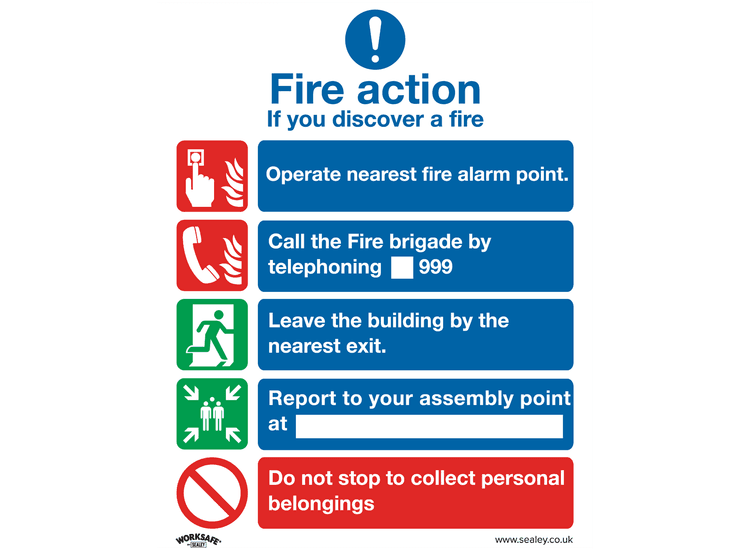 Sealey SS20V1 Safe Conditions Safety Sign - Fire Action Without Lift - Self-Adhesive Vinyl