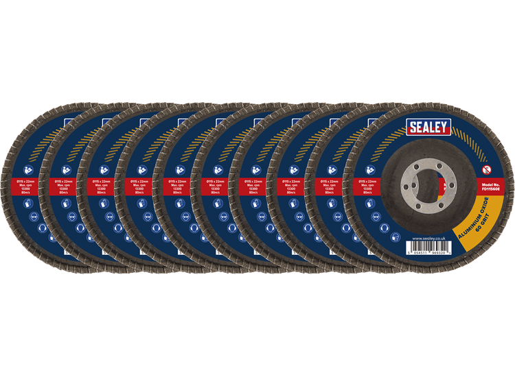 Sealey FD115EMIX Assorted Grit Flap Discs Aluminium Oxide Ø115mm Ø22mm Bore - Pack of 10