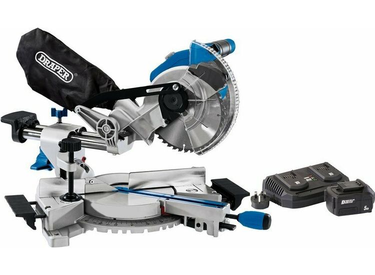 Draper 99970 D20 20V Brushless Sliding Compound Mitre Saw, 185mm, 1 x 5.0Ah Battery, 1 x Twin Charger