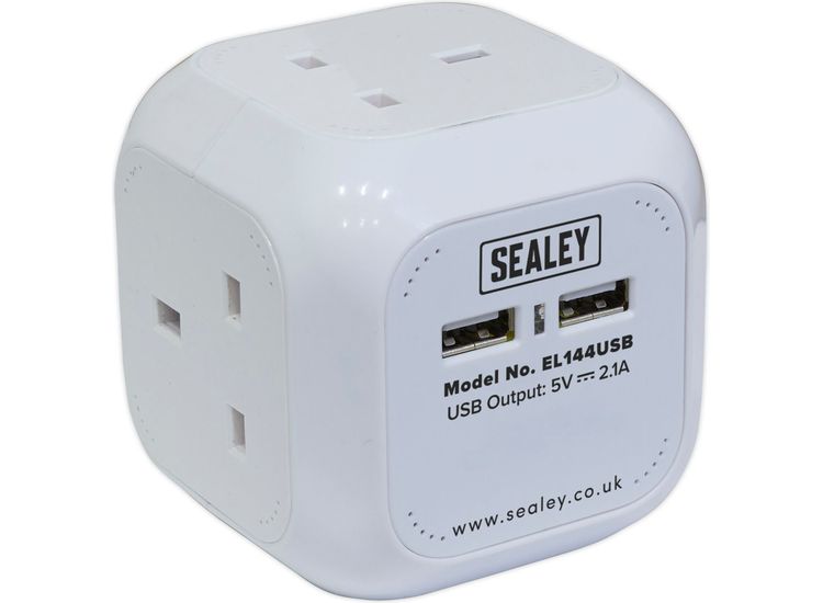 Sealey EL144USB Extension Cable Cube 1.4m 4 x 230V + 2 x USB Sockets - White