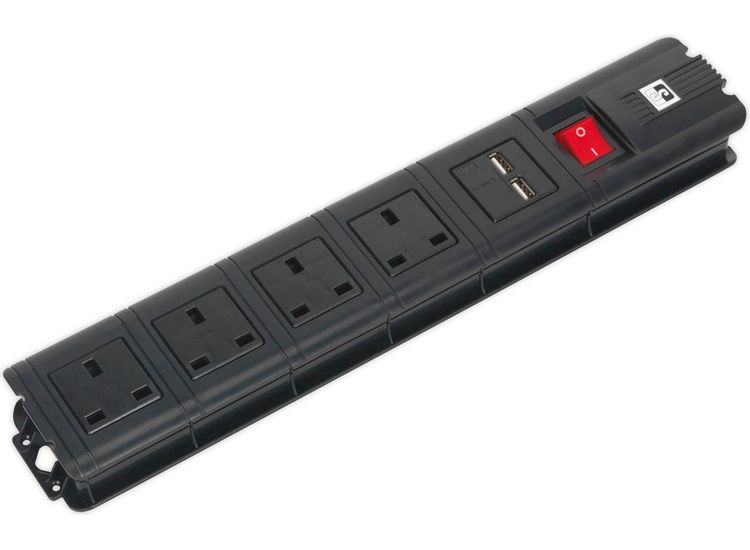 Sealey EL34USBB Extension Cable 3m 4 x 230V + 2 x USB Sockets - Black