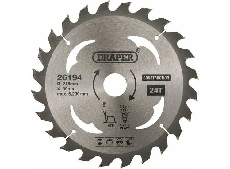 Draper 26194 TCT Construction Circular Saw Blade, 216 x 30mm, 24T