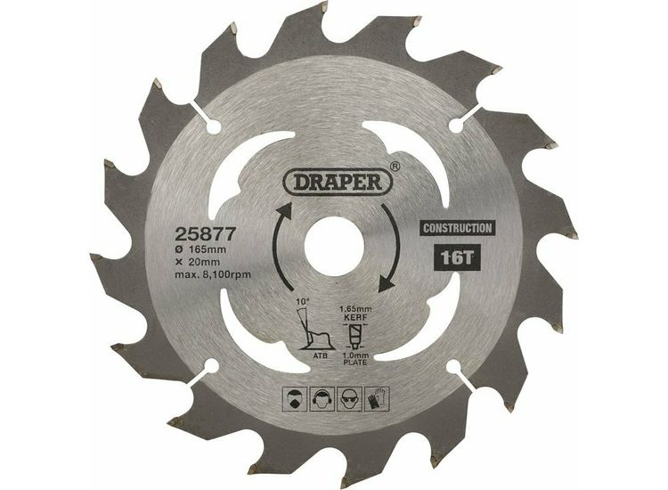 Draper 25877 TCT Cordless Construction Circular Saw Blade for Wood &amp; Composites, 165 x 20mm, 16T