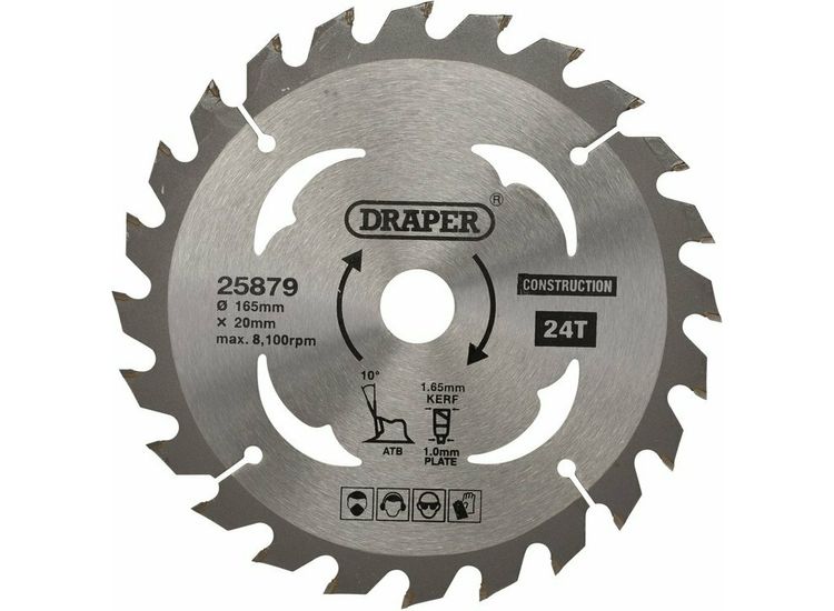 Draper 25879 TCT Cordless Construction Circular Saw Blade for Wood &amp; Composites, 165 x 20mm, 24T