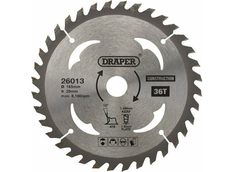 Draper 26013 TCT Cordless Construction Circular Saw Blade for Wood &amp; Composites, 165 x 20mm, 36T