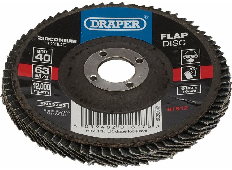 Draper 81912 Zirconium Oxide Flap Disc, 100 x 16mm, 40 Grit