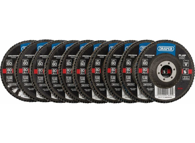 Draper 85724 Zirconium Oxide Flap Discs, 115 x 22.23mm, 60 Grit (Pack of 10)