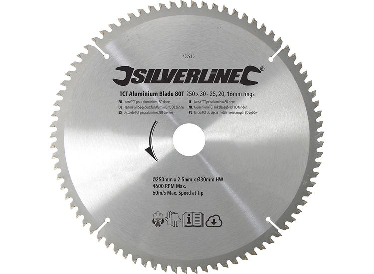 Silverline TCT Aluminium Blade 80T - 250 x 30 - 25, 20, 16mm Rings