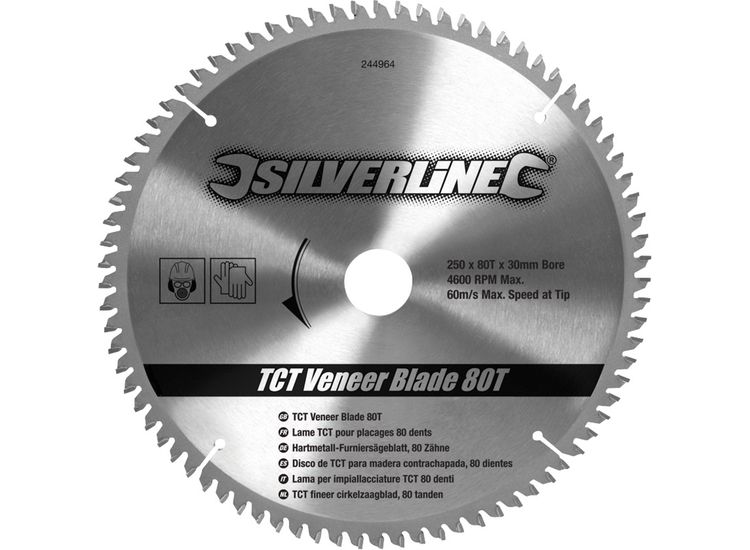 Silverline TCT Veneer Blade 80T - 250 x 30 - 25, 20, 16mm Rings